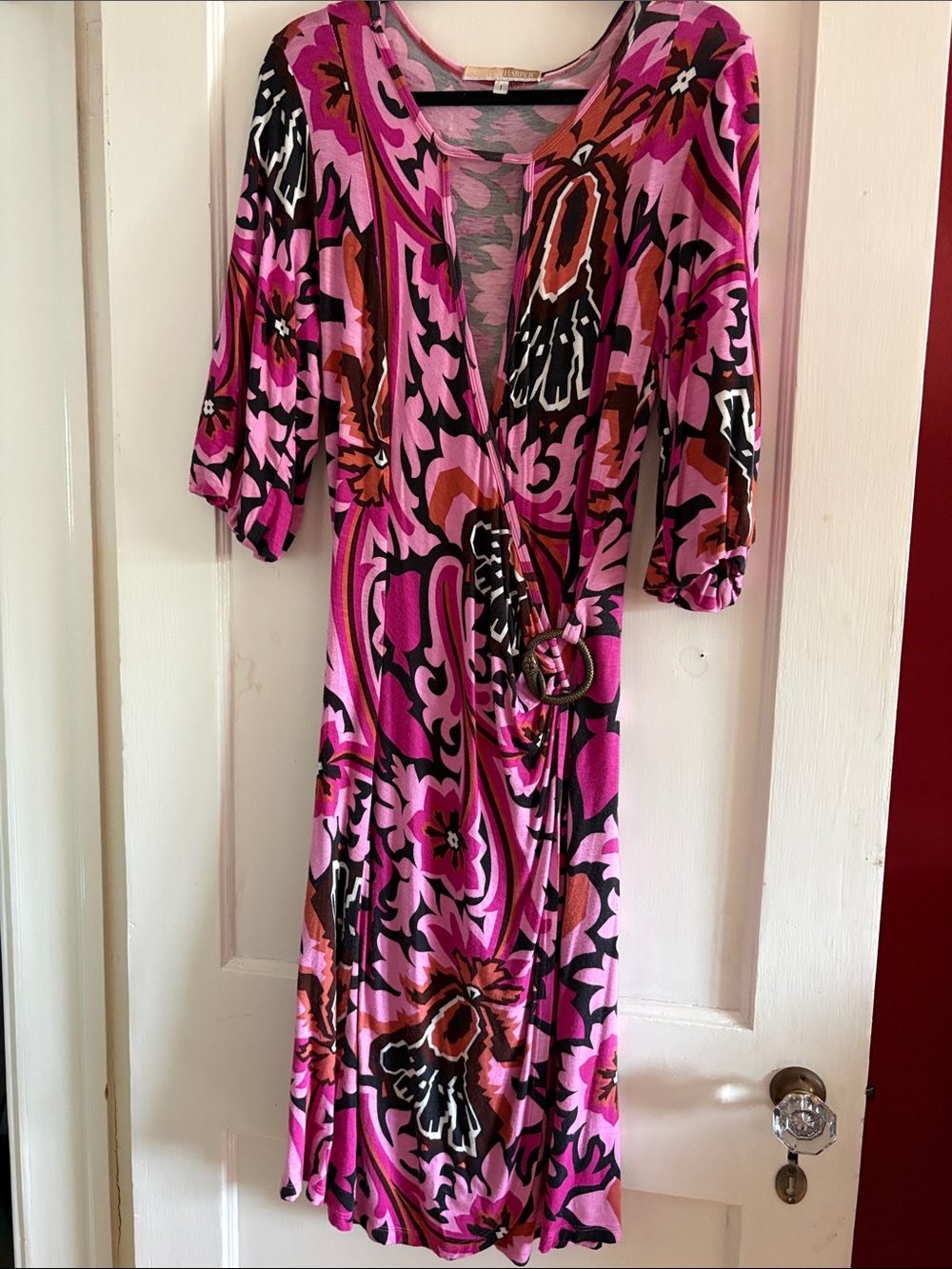 Vibrant Pink Floral Print Wrap Midi Dress with Tie